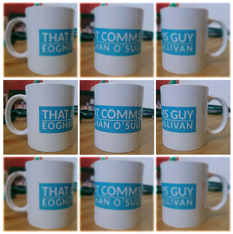 Montage of photos showing a mug with the THAT COMMS GUY logo.